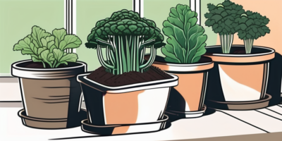 Several containers and pots with lacinato kale sprouting from the soil