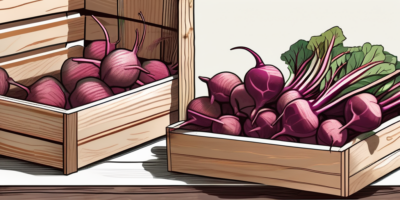 Touchstone gold beets being stored in a rustic wooden crate