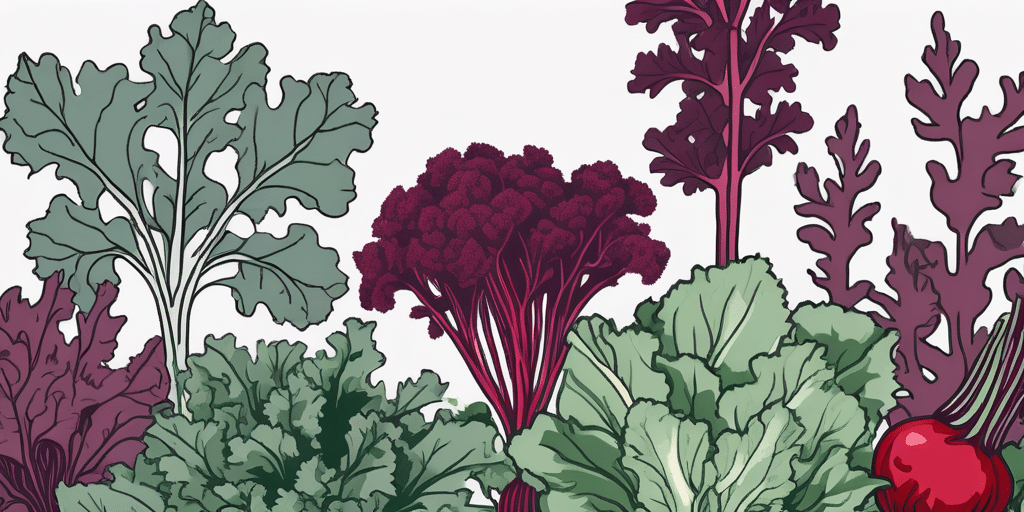 A garden setting with red russian kale plants and its companion plants like beets