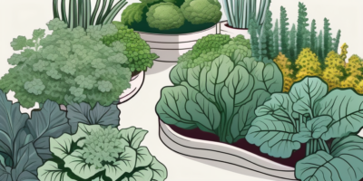 A lush garden scene featuring siberian kale plants thriving among various companion plants