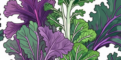 A lush garden with mature redbor kale plants in vibrant shades of purple and green