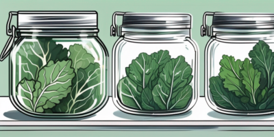 Fresh kale leaves being stored in a glass jar with a lid