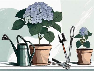Hydrangea cuttings in a pot with tools like a pruner and a watering can nearby