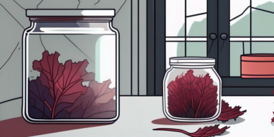 Fresh red ursa kale leaves being carefully placed into a glass storage jar