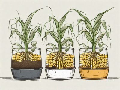 Several corn plants thriving in large containers