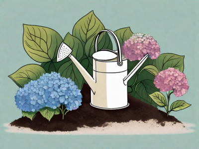 Hydrangeas being planted in a garden bed with a trowel and a watering can nearby