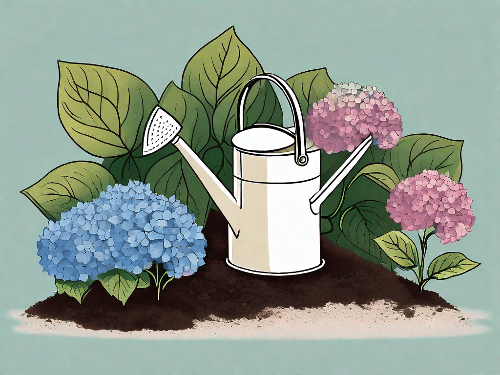 Hydrangeas being planted in a garden bed with a trowel and a watering can nearby