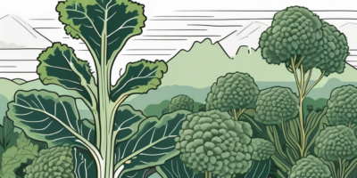 A lush vates kale plant in a garden setting with a backdrop of alabama's distinctive landscape