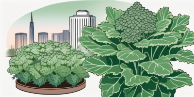 Lush white russian kale plants growing in a well-tended garden with the backdrop of ohio's recognizable landmarks