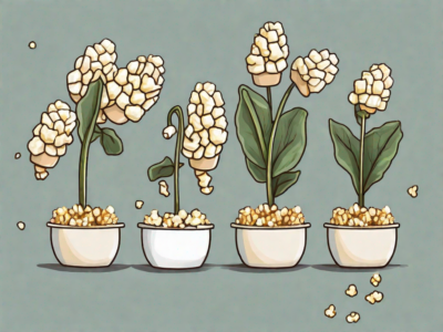 A popcorn plant in different stages of growth