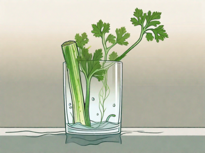 A celery stalk partially submerged in a glass of water with roots growing from the bottom