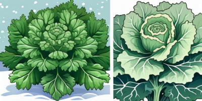 Siberian kale and winterbor kale side by side in a snowy garden setting