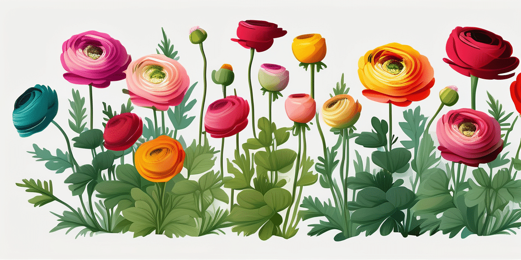 Various types of vibrant and colorful ranunculus flowers in full bloom