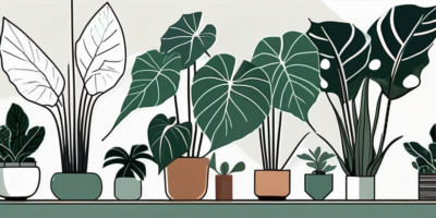 Various alocasia plant varieties in a lush