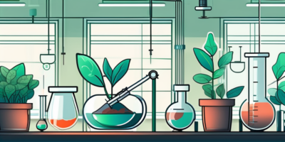 A laboratory setting with a plant in a petri dish