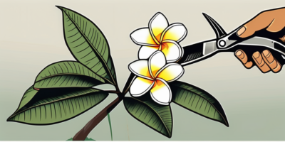 A plumeria tree with a branch being cut off using a pair of pruning shears