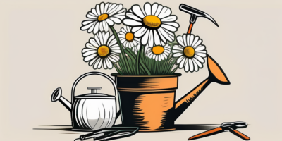 A vibrant chamomile plant in a rustic garden pot