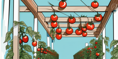 Several tomato plants suspended from a wooden pergola