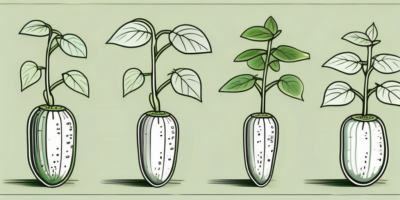 A cucumber plant at different stages of growth