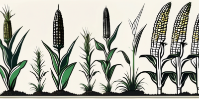 Various stages of corn growth from seedling to mature corn plant with visible cobs