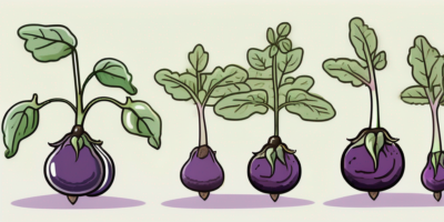 Various stages of an eggplant's growth cycle