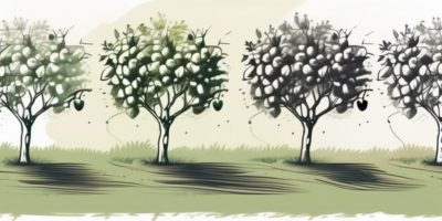 Several apple trees at different distances from each other in an orchard