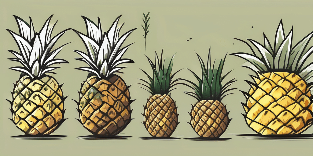 A pineapple plant at different stages of growth