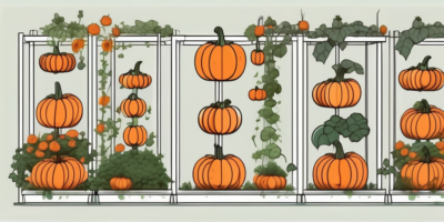 A vertical garden structure with pumpkins growing upwards on it