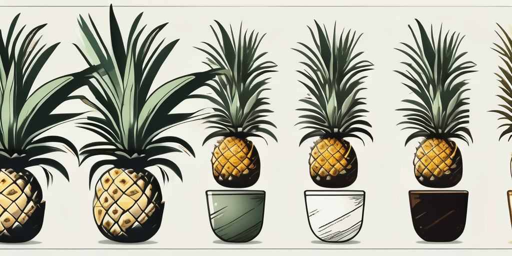 A pineapple plant in various stages of growth