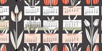 A calendar with tulip bulbs and a garden trowel on a backdrop of a lush garden