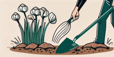 Garlic cloves being inserted into fertile soil with gardening tools like a trowel and watering can nearby
