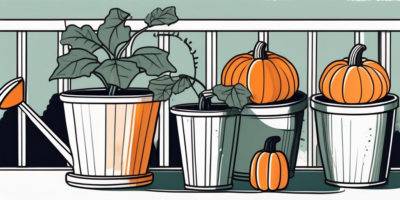 A variety of pumpkins growing in different sized containers on a sunny balcony with a watering can nearby