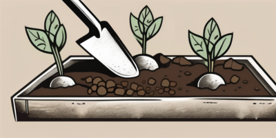 A garden bed with a shovel in the soil