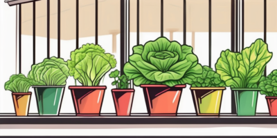 Several types of lettuce growing in various colorful containers on a sunny patio