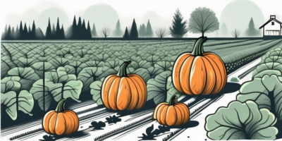 A pumpkin patch with various stages of growth from seedlings to fully mature pumpkins