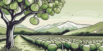 A lush kiwi orchard with ripe kiwi fruits hanging from the vines