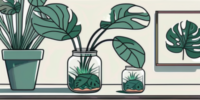 A monstera plant with its cuttings in water-filled jars