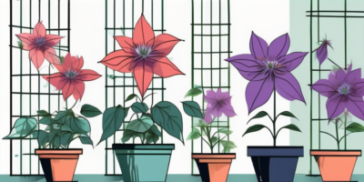 A variety of colorful clematis flowers thriving in different sized pots