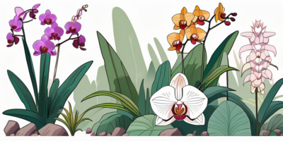 Various types of orchids thriving in different outdoor environments such as a tropical rainforest