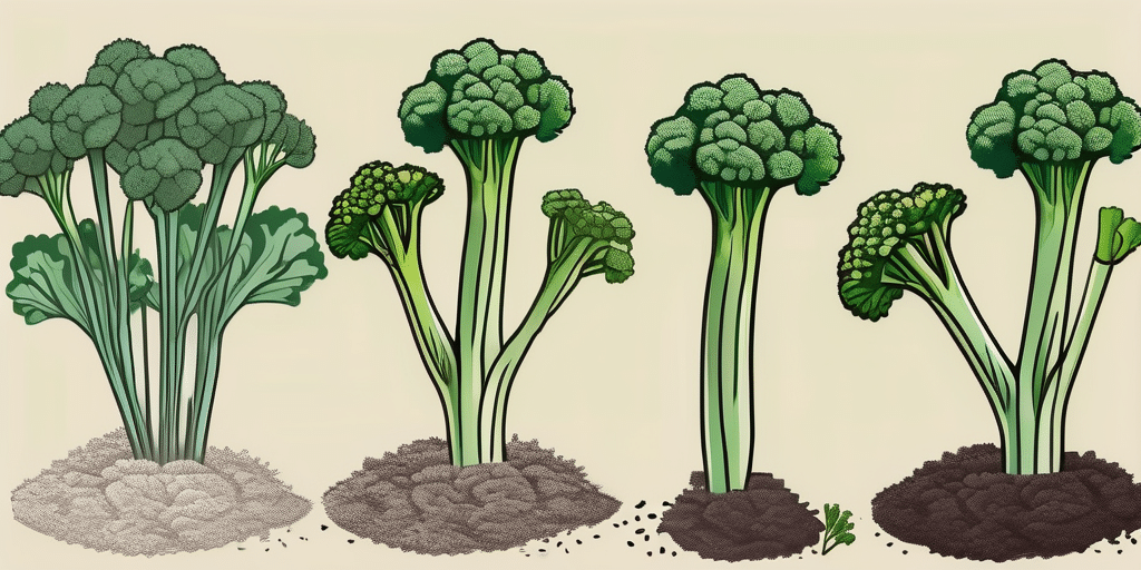 A broccolini plant in various stages of growth