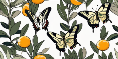 A giant swallowtail butterfly perched on a citrus plant