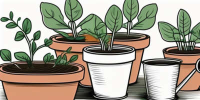 Several arugula plants thriving in terracotta pots