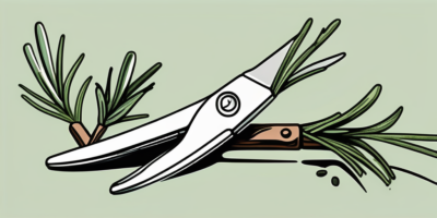 A pair of gardening shears cutting a sprig from a lush rosemary plant