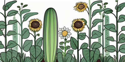 A garden scene showcasing cucumbers growing alongside their companion plants such as corn