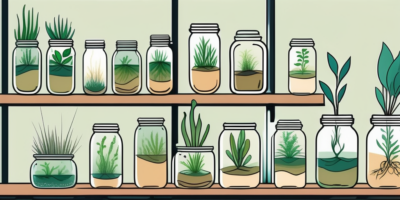 Various types of plants with their roots submerged in jars of water