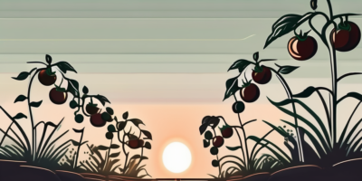 A tomato plant in a garden with a rising sun in the background