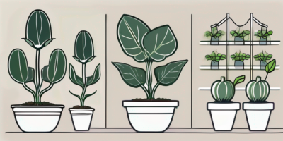 A squash plant growing with and without a trellis in a garden setting to visually depict the comparison