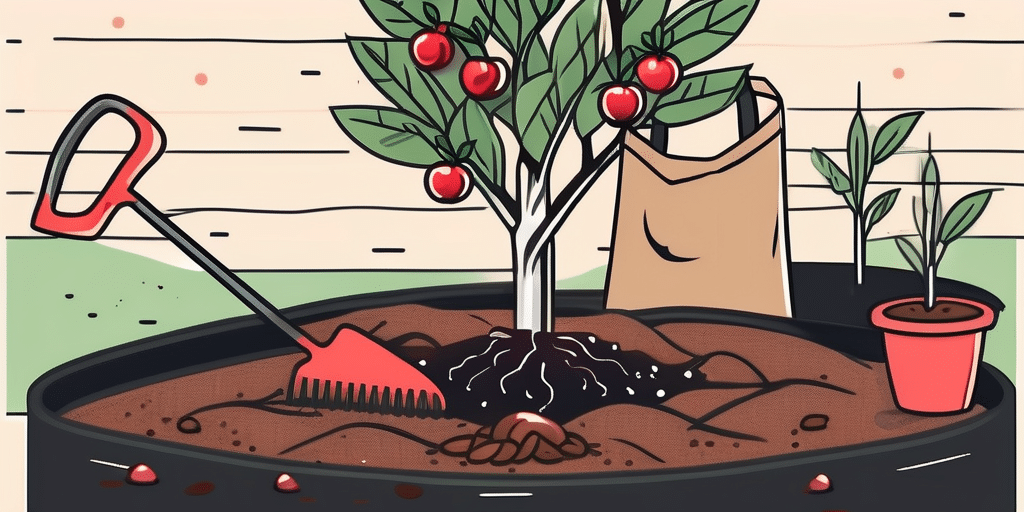 A cherry tree sapling being planted in fertile soil