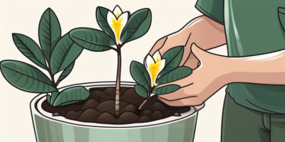 A plumeria cutting being planted in a pot with labeled steps