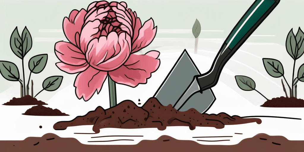 Peony roots being planted in a garden soil with a gardening trowel nearby and a few peony blooms in the background